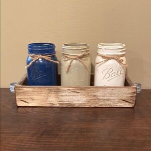 Set of Decorative Mason Jars in Wooden Tray